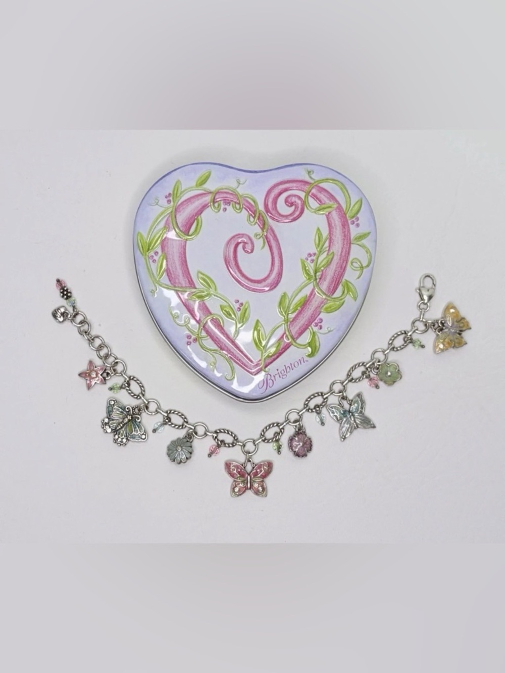 🦋 BRIGHTON ‘FLUTTER’ 🌺 VTG+ SLVR Butterfly Flower Charm Bracelet! RETIRED/RARE